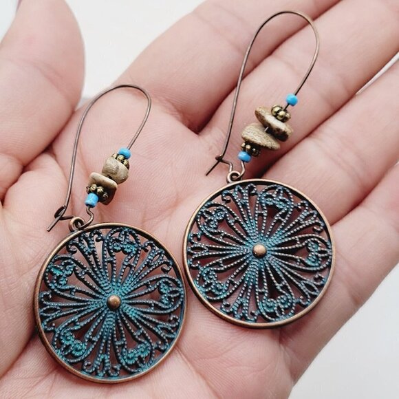 BOHO Bohemian Antiqued Copper Tone Drop Dangle Earrings Faux Oxidized 2.75" - Picture 1 of 3